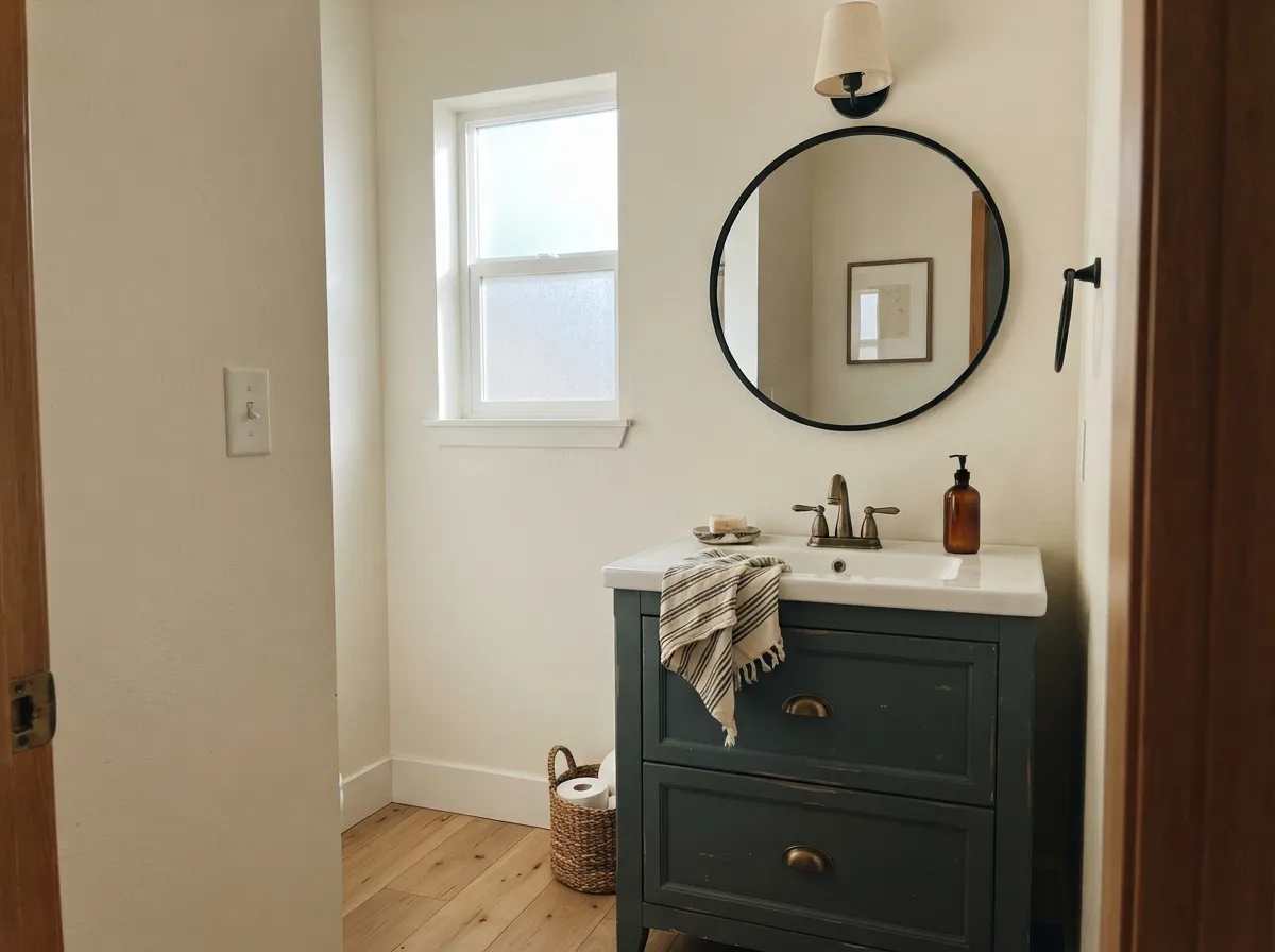 The designer move: a Juniper Ash vanity under cream walls reads custom without repainting the whole room.