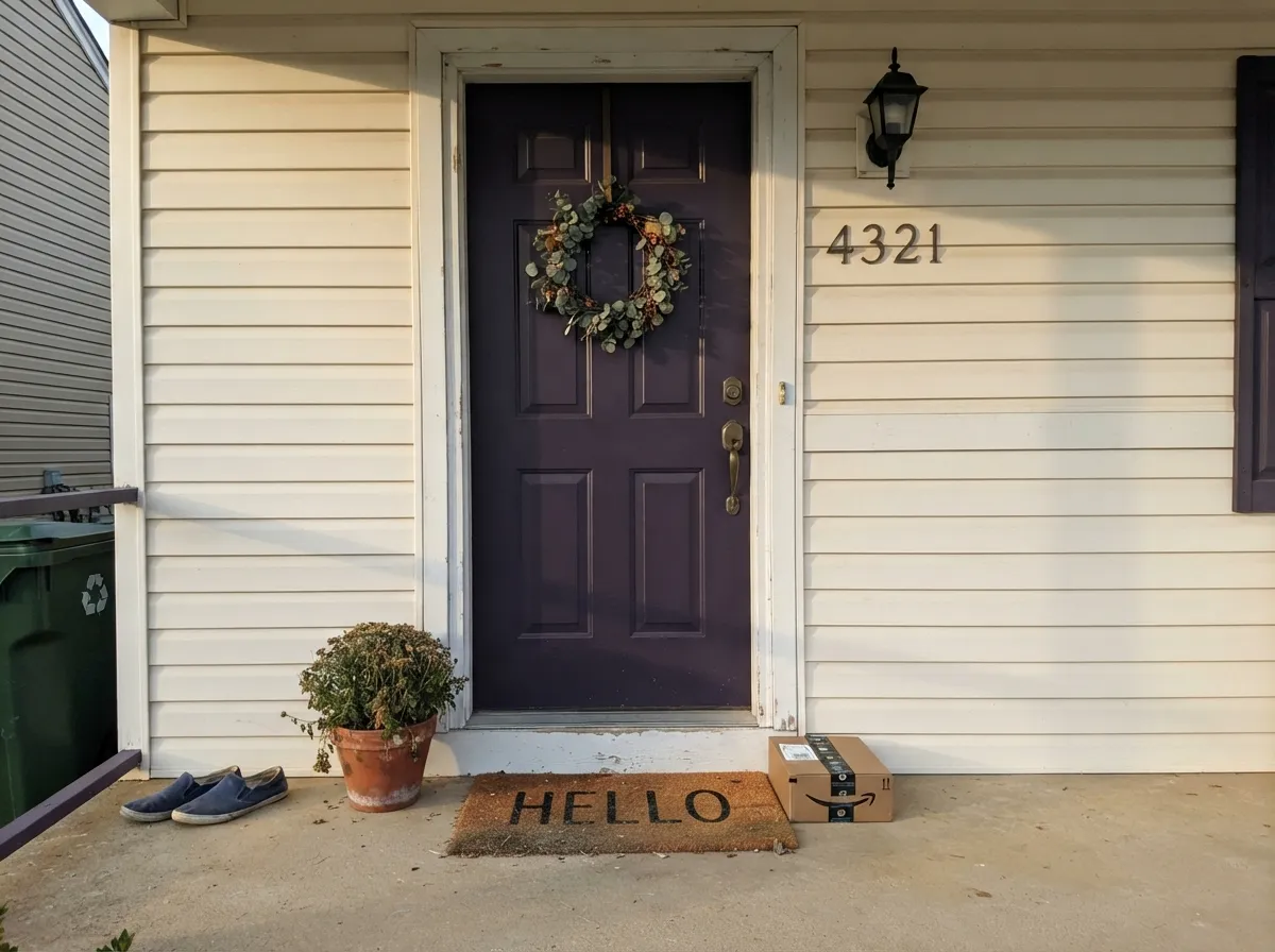 On a front door in real daylight the blue-violet is unmistakable — more purple, less black, than it looks indoors.
