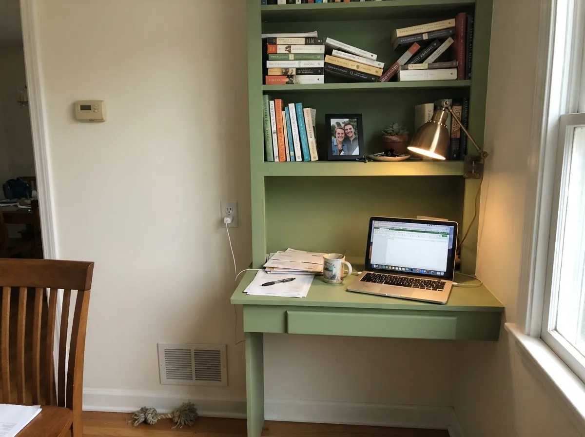 Past the kitchen, it works just as well on a built-in — the gray veil keeps it from feeling like a kid's-room green.