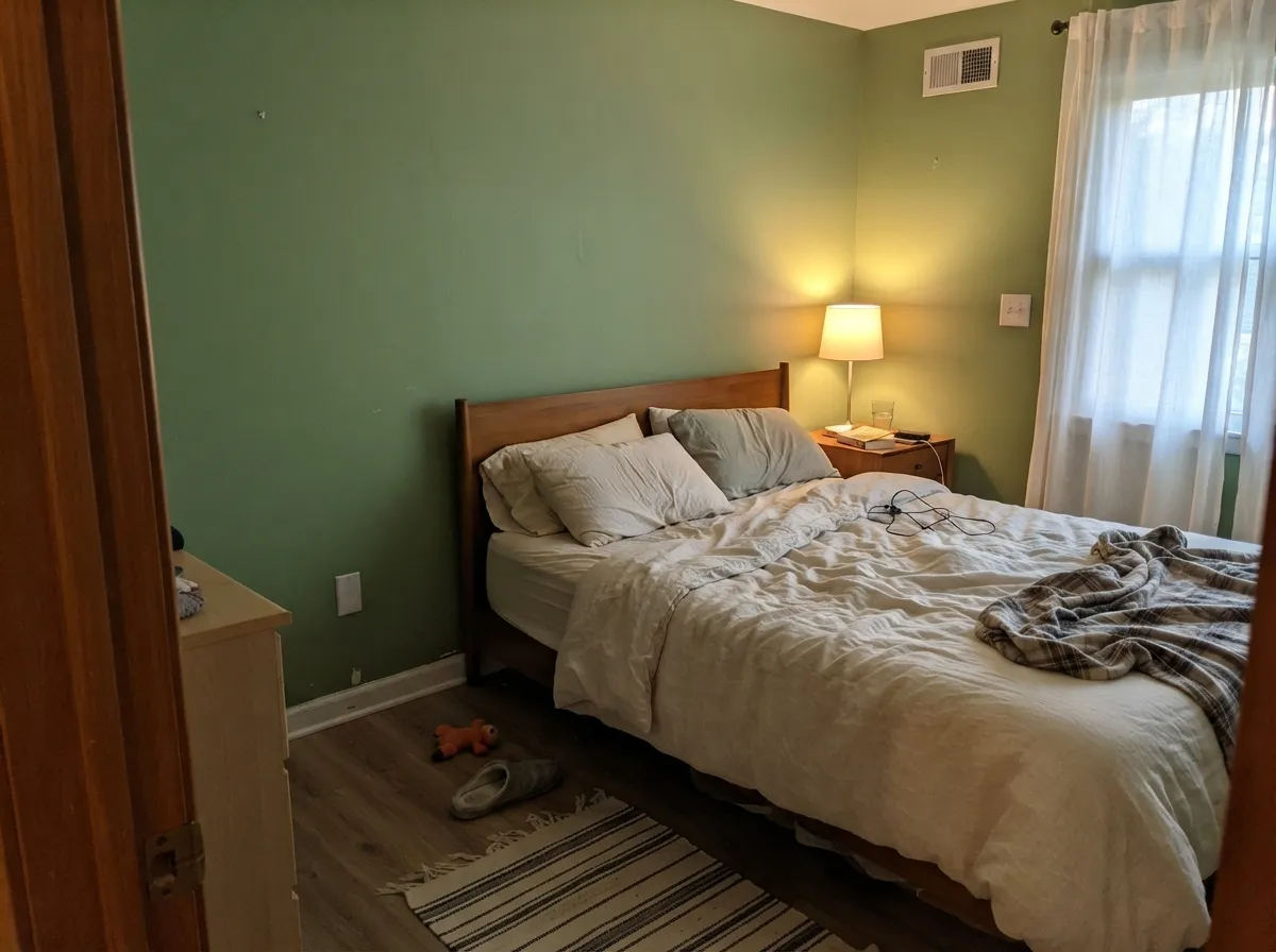 Under a warm lamp at night the green turns cocooning and deep — the effect Behr markets it for.
