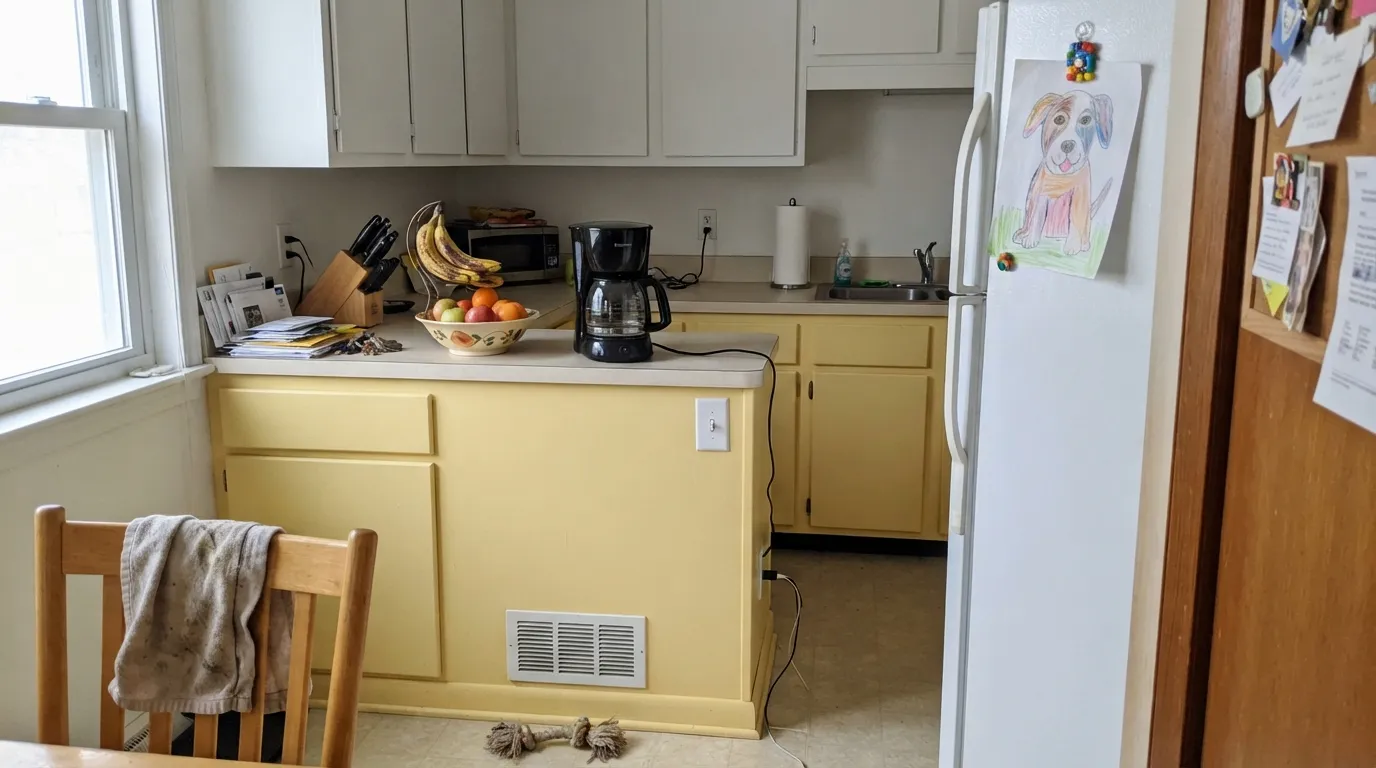 Lemon Lily on the lower cabinets and island, white uppers doing the quiet work above it — cheerful in real daylight, not a themed kitchen.