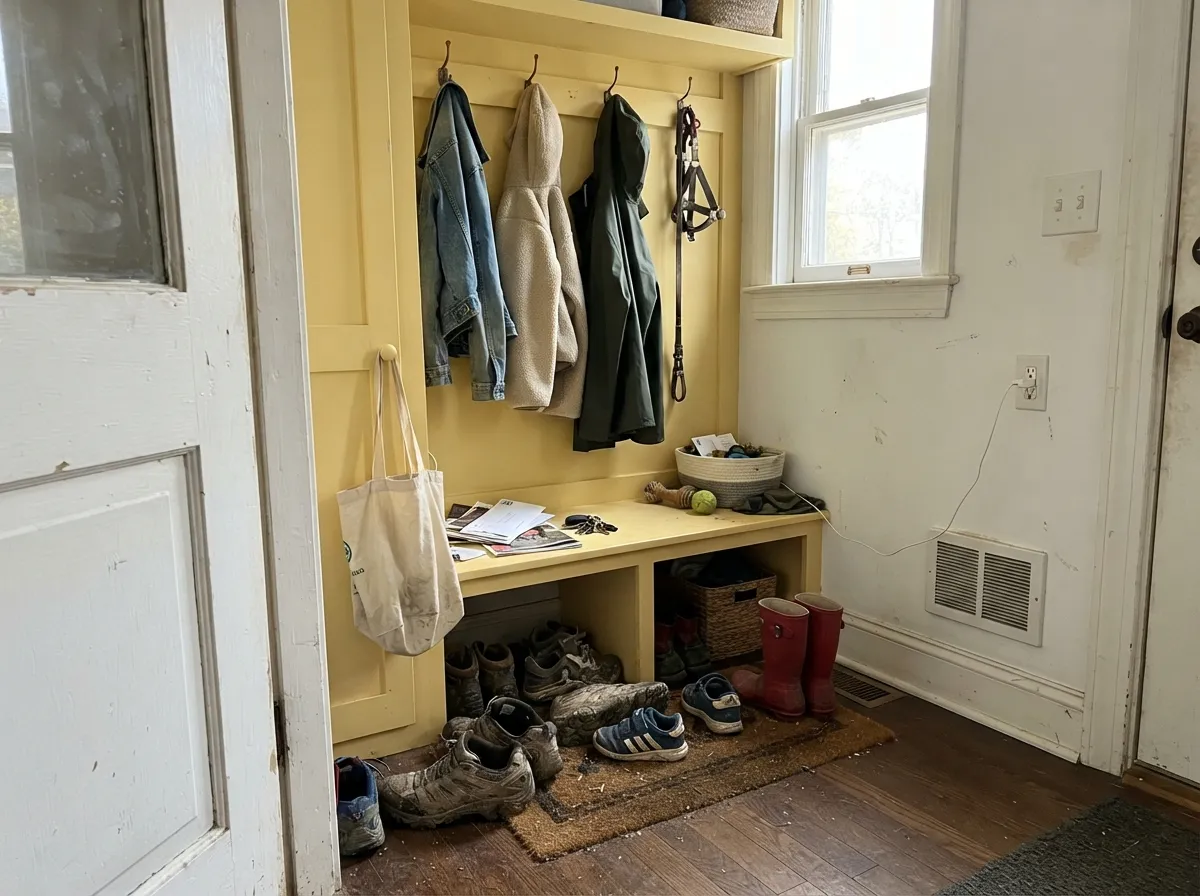 In a mudroom, the high LRV keeps the space from feeling dim even without much daylight — a hardworking room that gets to feel a little happy.