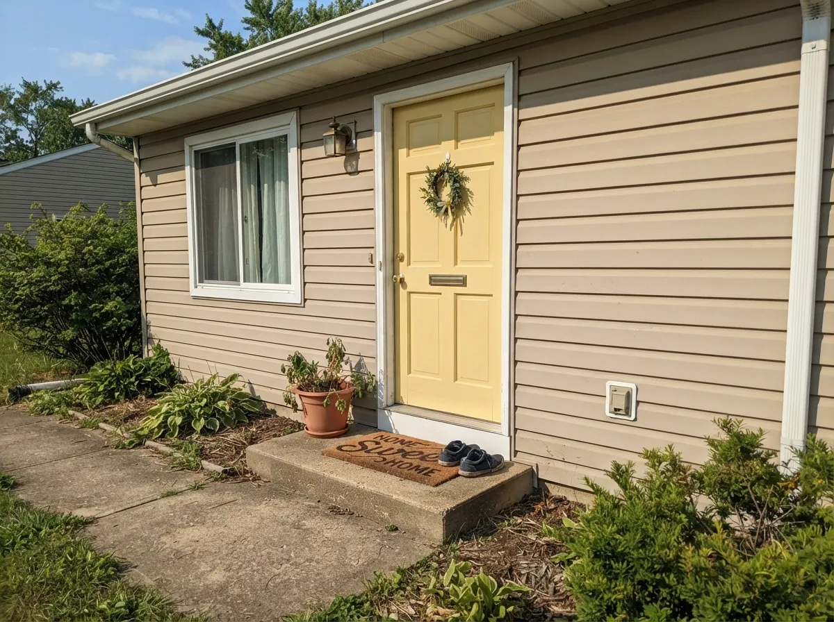 Full sun keeps it reading bright and clean rather than washed out — a cheerful, low-drama front door color against a warm neutral body.