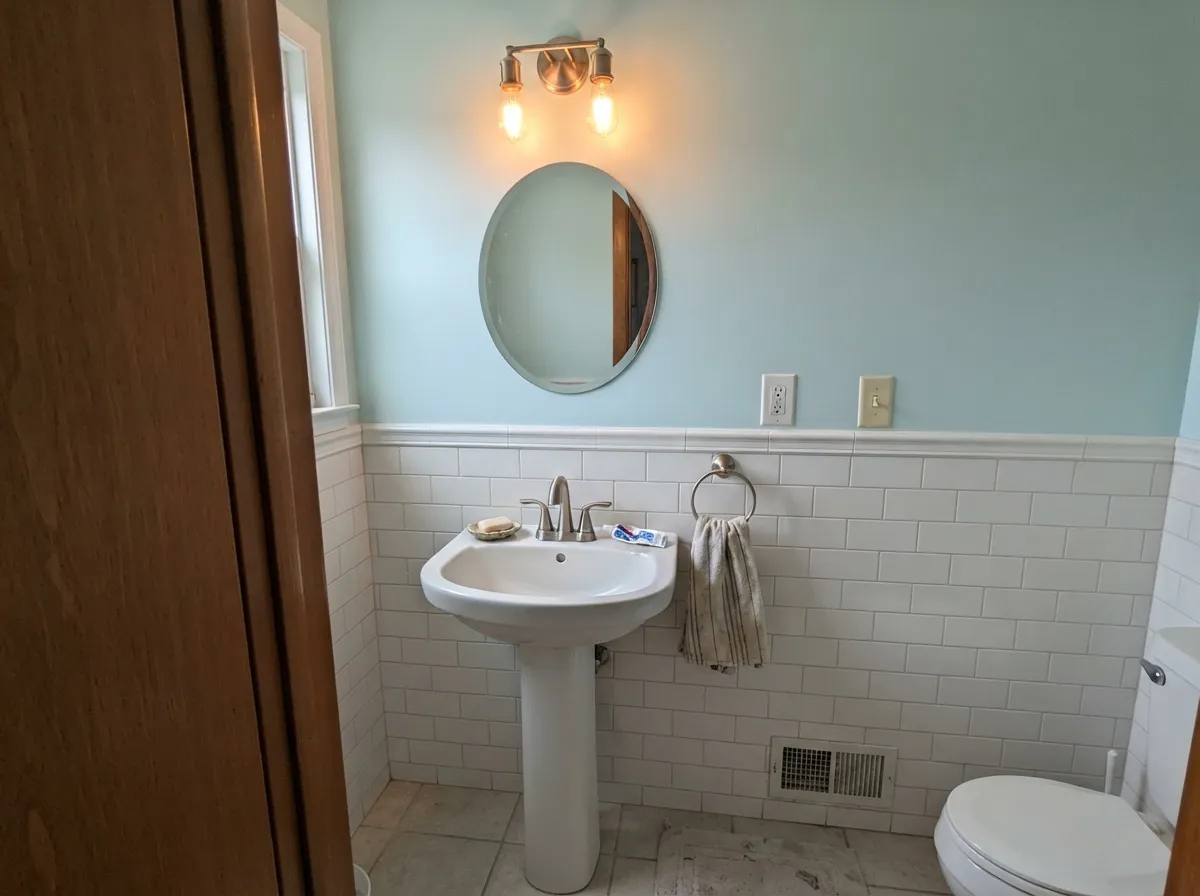 Against white tile and cool metal it reads exactly like the small spa retreat it's marketed as.