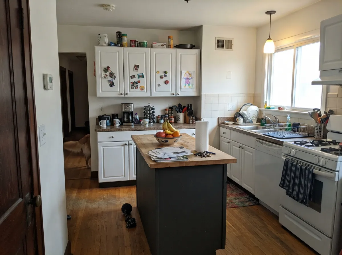 As an island base it anchors the room without picking a fight with the counters or the cabinets on either side of it.