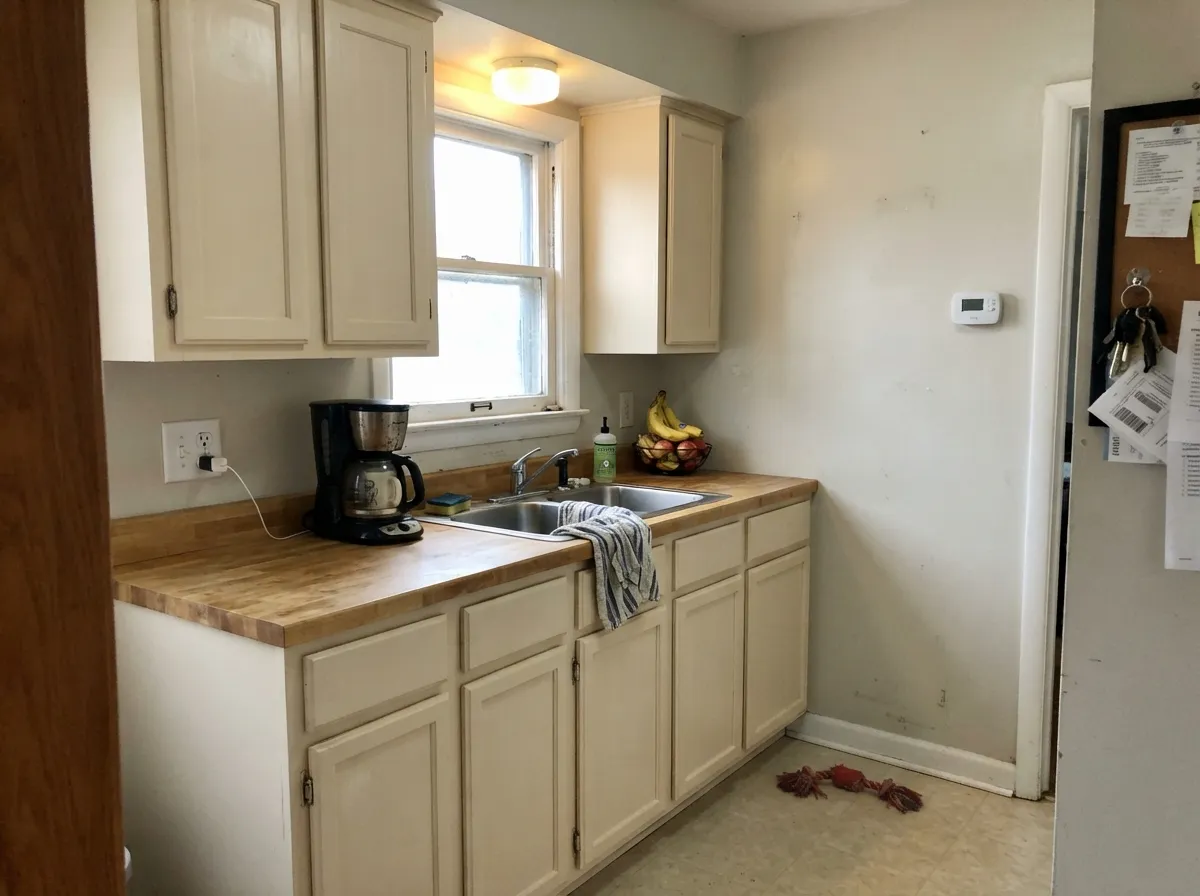 The budget kitchen refresh Linen White is made for — light, warm cabinets against oak and brass without a custom paint price tag.