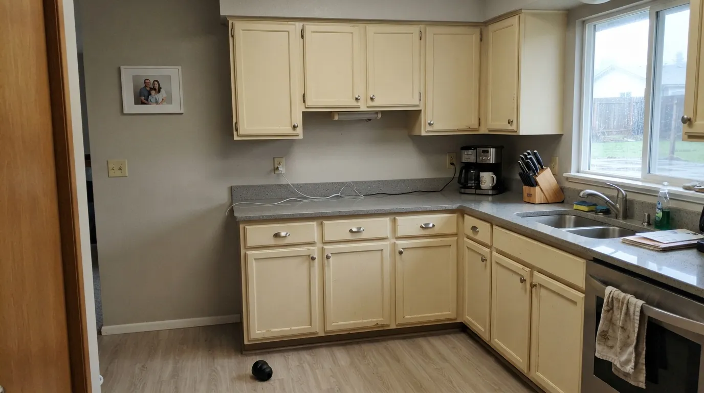 The honest shot: next to cool grey quartz, the warmth that looked so good on oak suddenly reads yellow. Sample against your actual counter first.