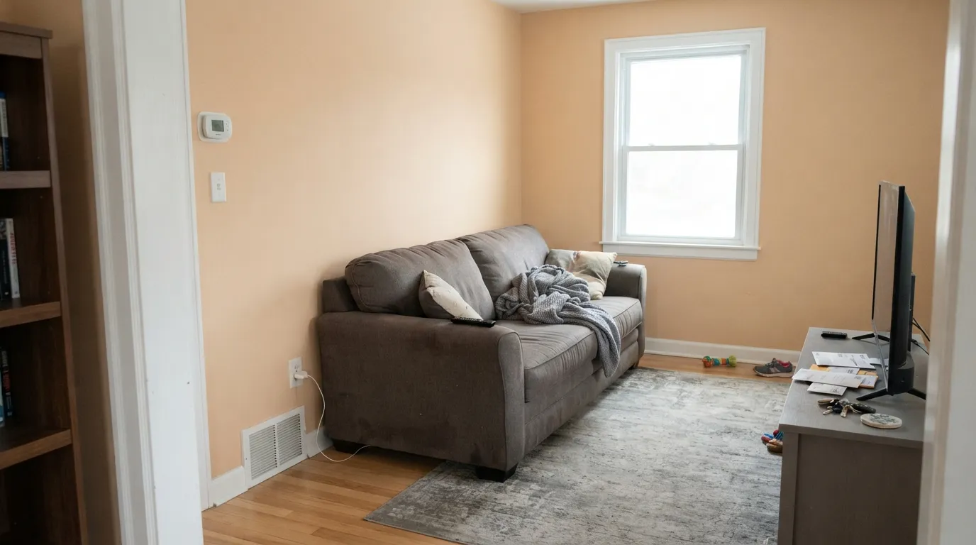 The honest shot: the name said loft, the wall said peach — on four walls next to crisp white trim and gray furniture, Loft Light is sandy-apricot, not the greige the name hinted at.