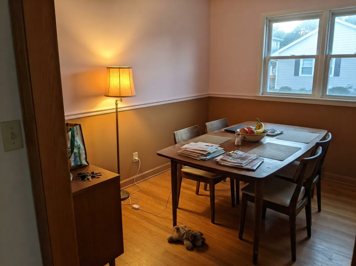 Behr's own pairing — a caramel wainscot under a bright pastel wall, warm lamp light at dinner hour.