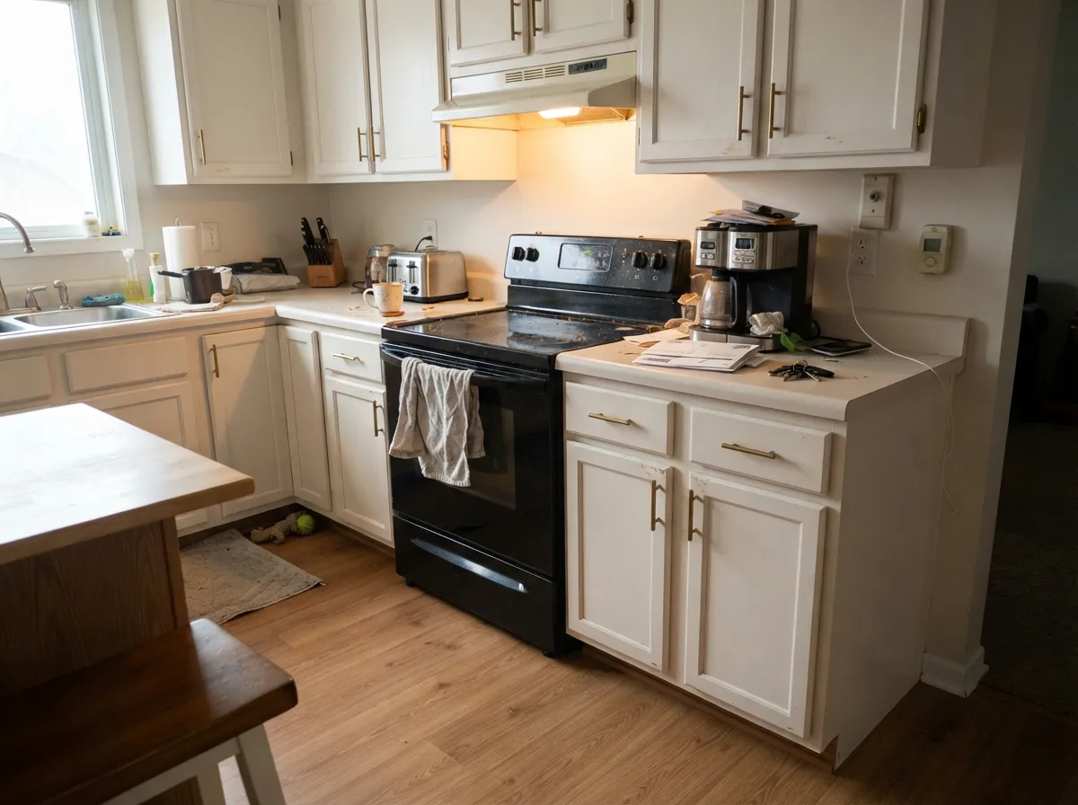 On cabinets it stays out of the way — warm enough for brass and oak, quiet enough not to compete with them.