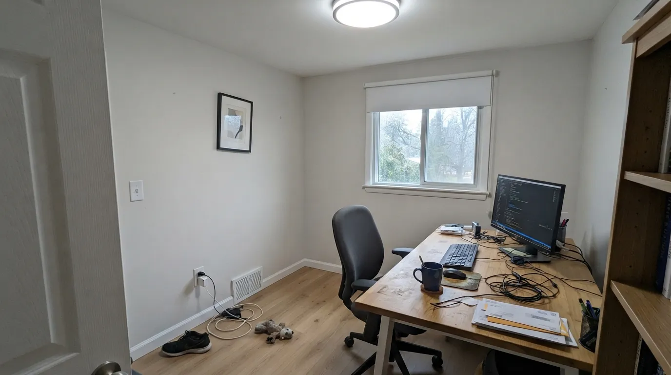 The honest shot: dim north light plus cool LEDs drains what little warmth Marshmallow has, leaving a flat, almost clinical white — swap the bulbs before you swap the paint.