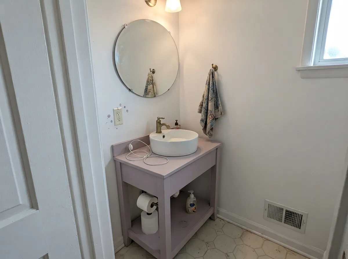 The small-commitment move: a painted vanity carries the whole room's color without repainting four walls.