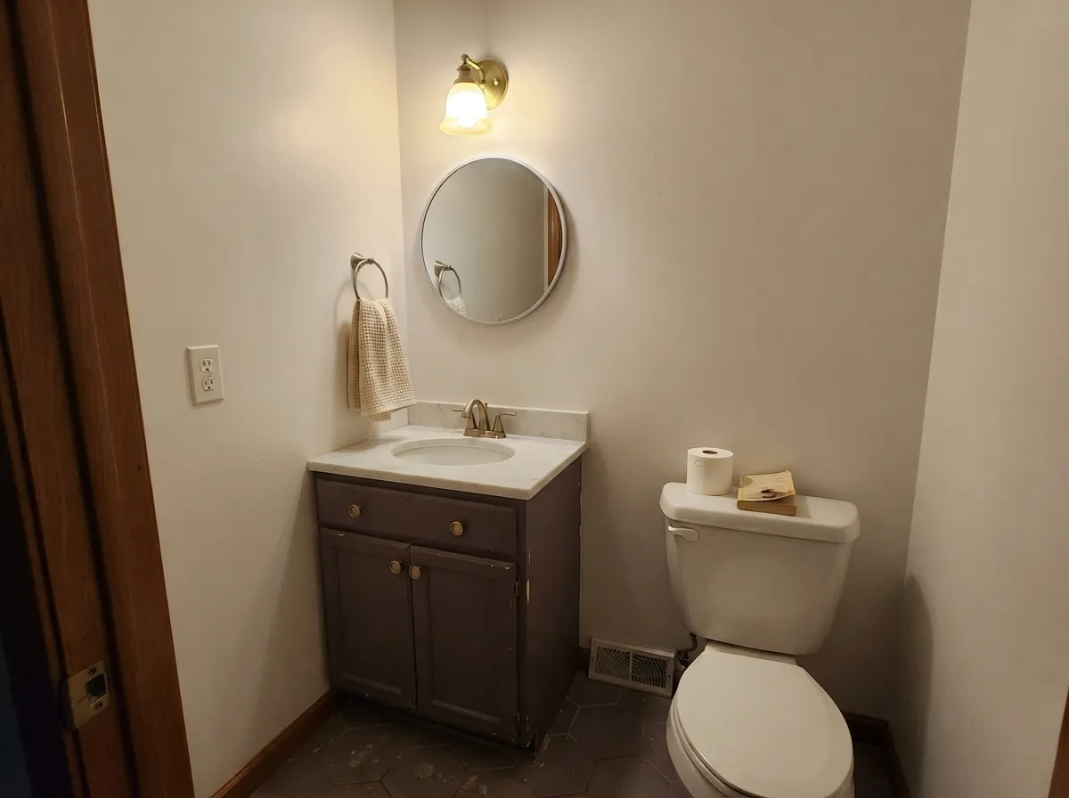 The small-room jewel-box move: a windowless powder room with one warm sconce, where the depth reads as intentional instead of gloomy.
