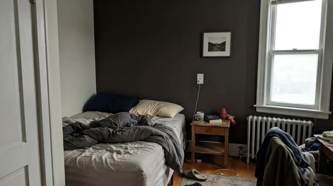 The honest shot: no window light and no lamp on, and Medieval Wine just reads as a dark, flat wall — the exact situation behind most "it just looks black" complaints.