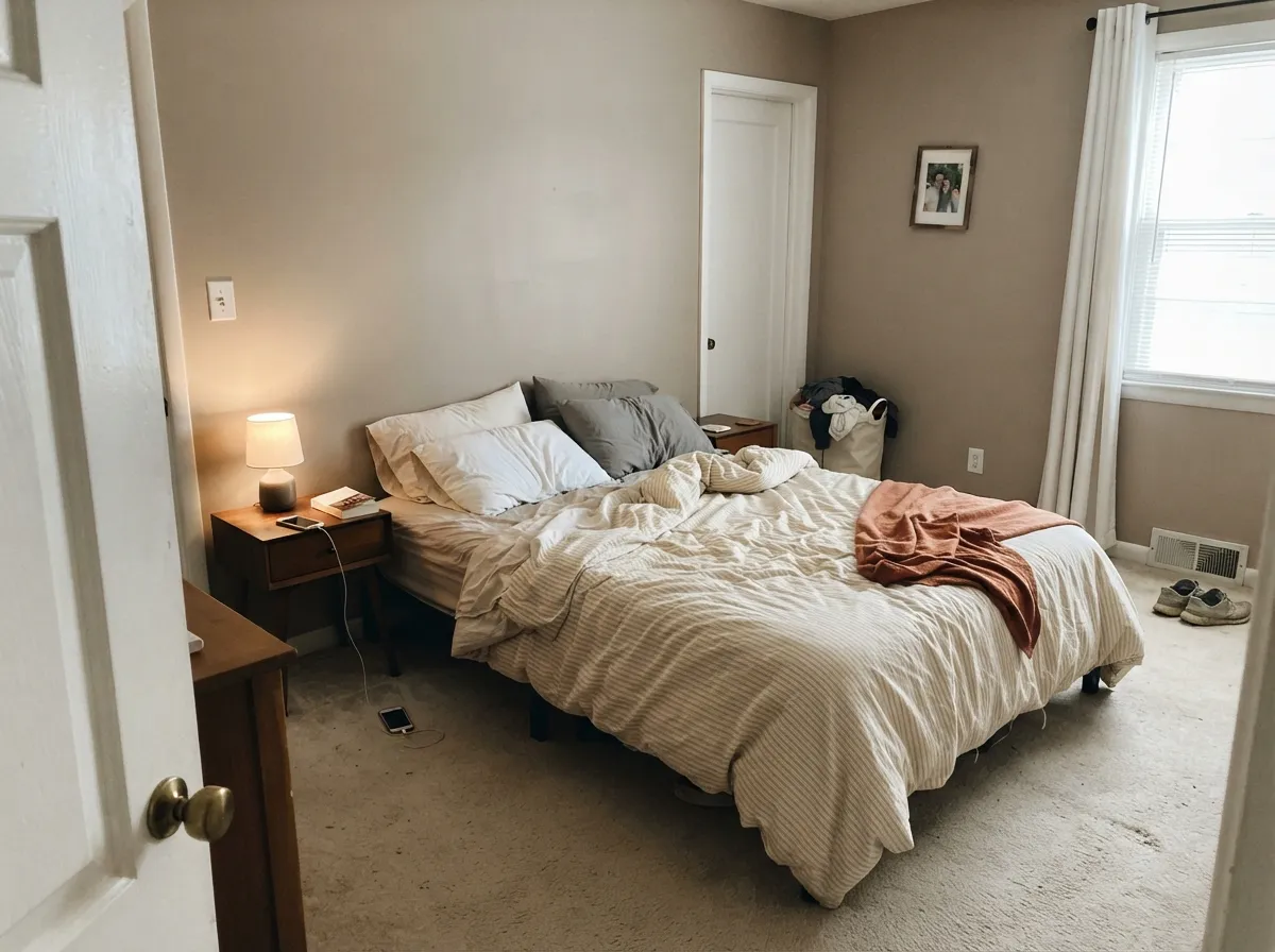 In a morning-lit bedroom the mid-tone stays restful — warm taupe with a hint of beige, not a pale Instagram wash.