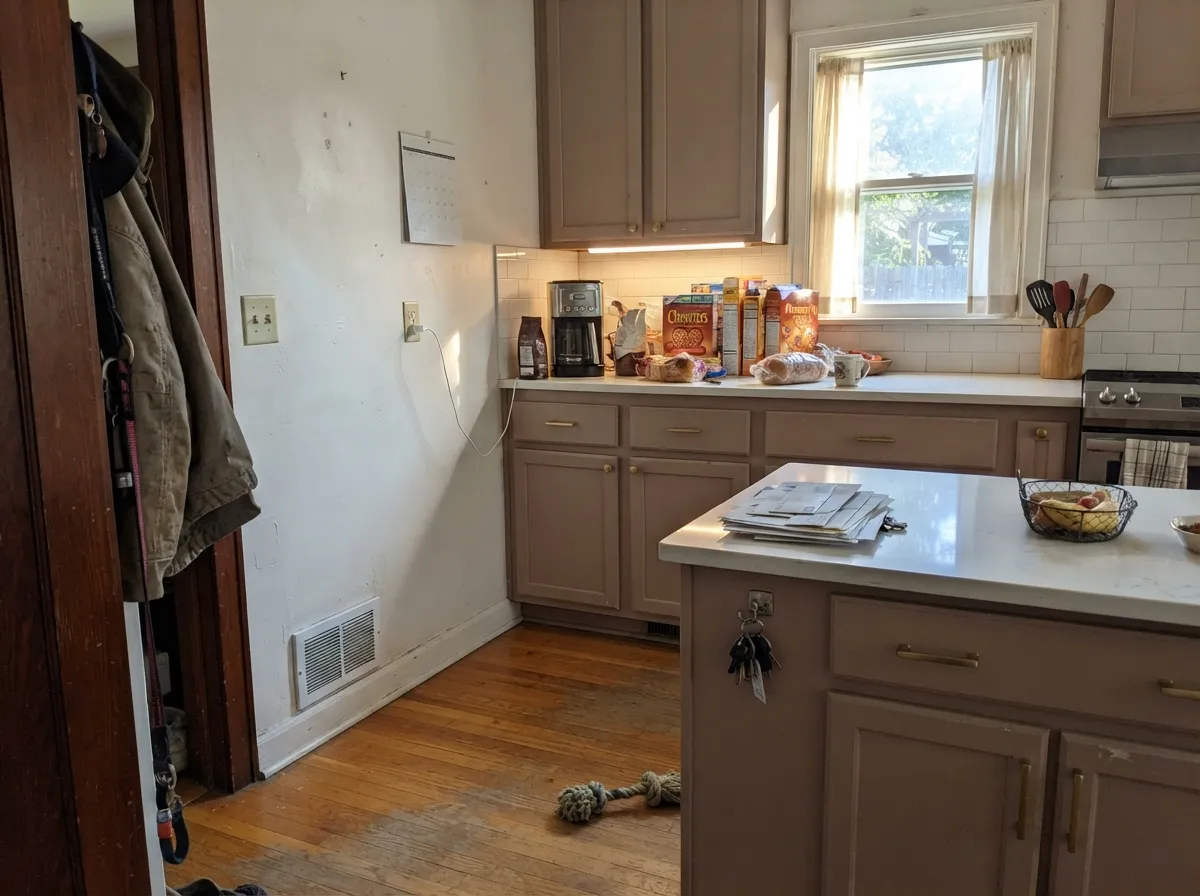 Satin Mesa Taupe on cabinets under Alabaster walls — the custom look without a saturated color, still taupe in real kitchen light.
