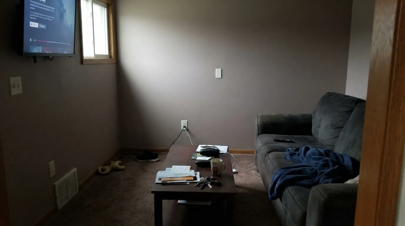The honest shot: in a dim north room with no lamps, the beige drains out and Mesa Taupe goes dusty mauve — the exact brownish-mauve situation Home Depot's own warning describes.
