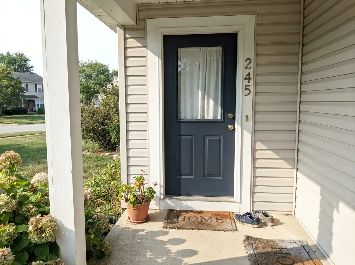 In real sun the navy stays visibly blue against crisp white trim — the classic front-door pairing.