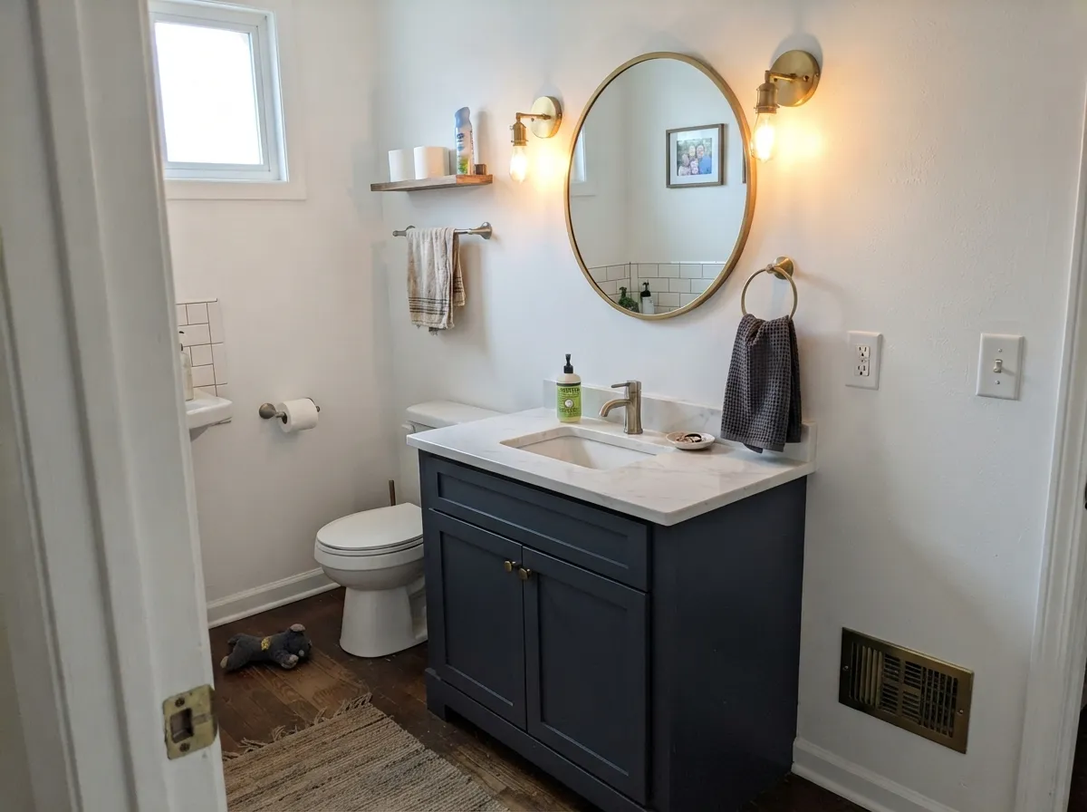 In a small, lamplit powder room the navy reads custom and warm — the color's best-kept secret.