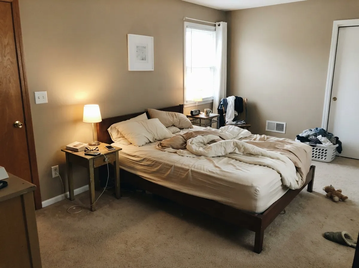 In a morning-lit bedroom the mid-tone stays restful — khaki-brown with warmth, not a pale Instagram wash.