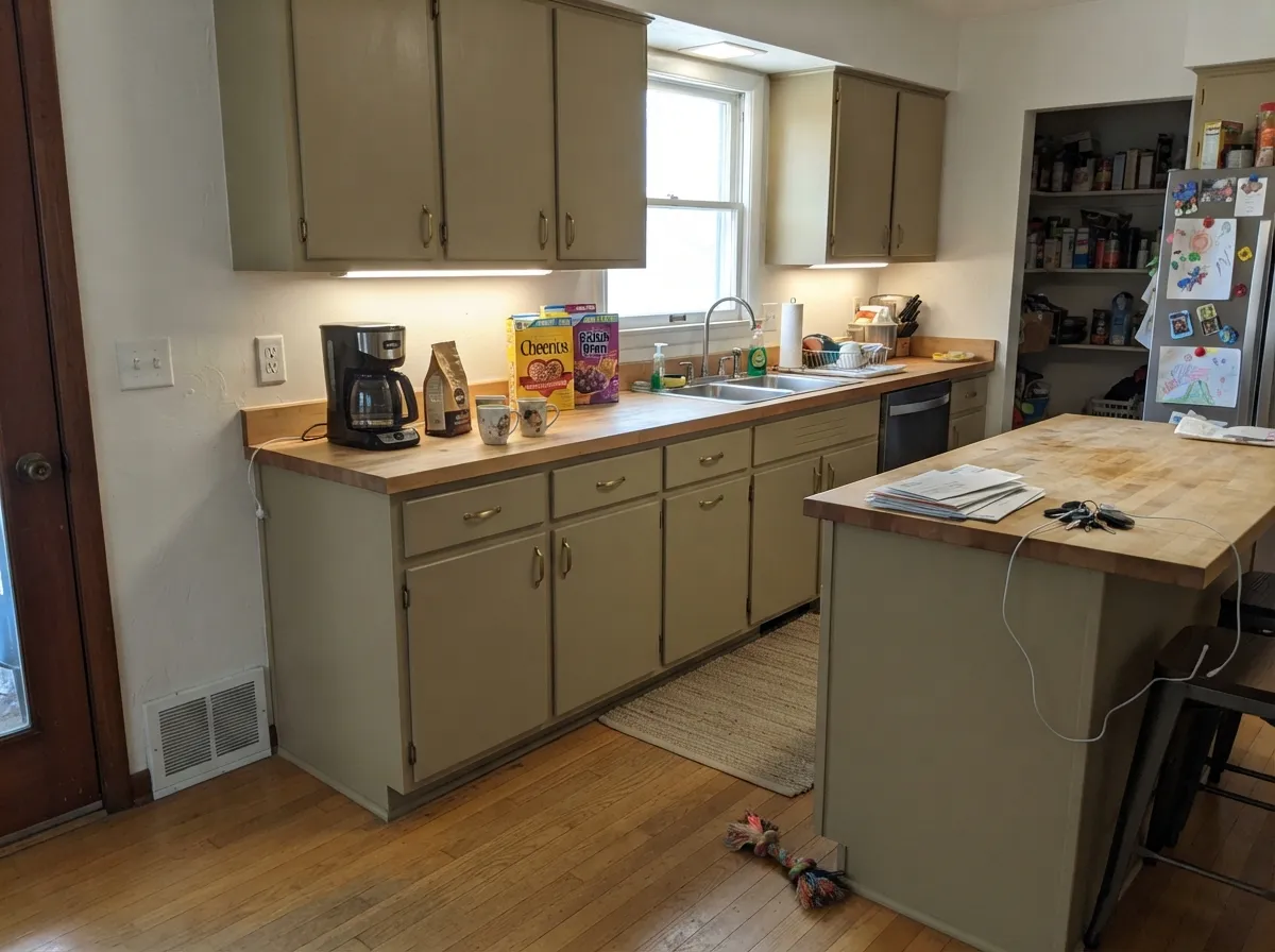 Satin Midtown on cabinets under Alabaster walls — the custom look without a saturated color, still khaki-brown in real kitchen light.