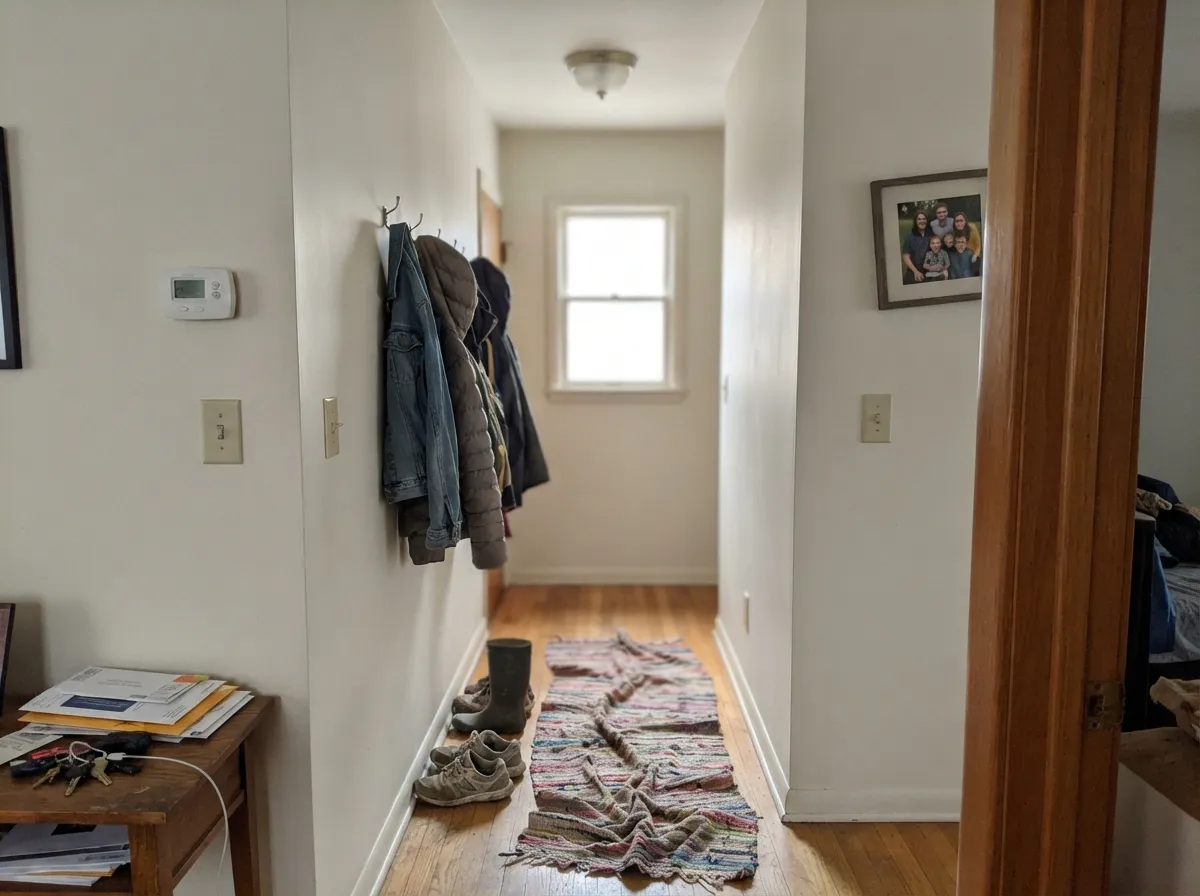 In a narrow hallway the near-white keeps the space feeling open instead of closed-in.