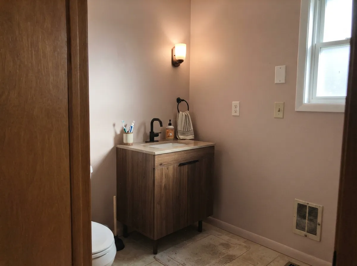 In a small bath with warm wood and black fixtures, the taupe holds — no pink flash, just quiet warmth.