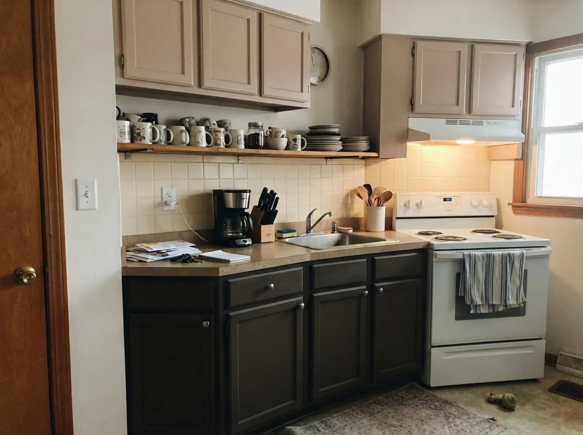 Upper cabinets over a dark lower run — the color reads soft and current without turning the whole kitchen pink.