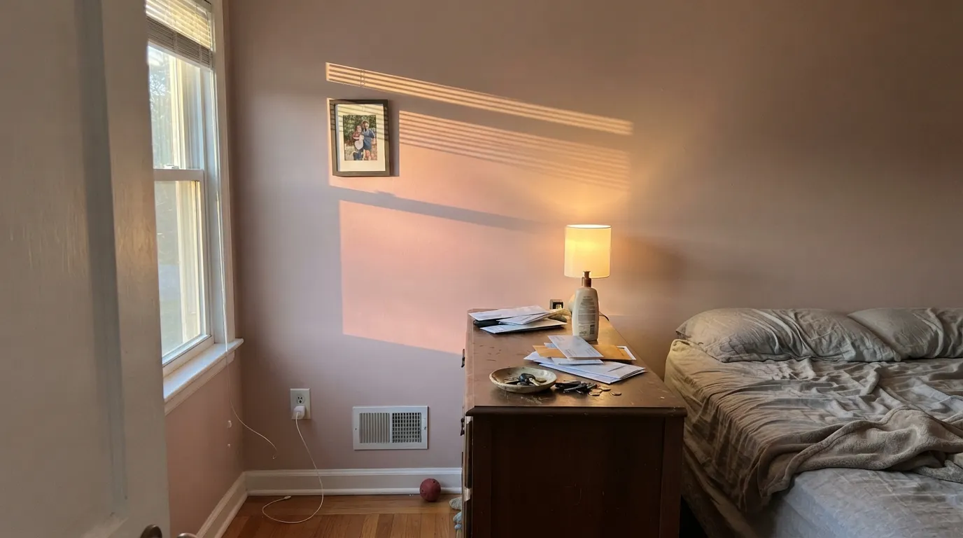 The honest shot: low west sun at golden hour pushes the red forward hard and the wall flashes noticeably pink — the exact hour behind the "fleshy" complaints.