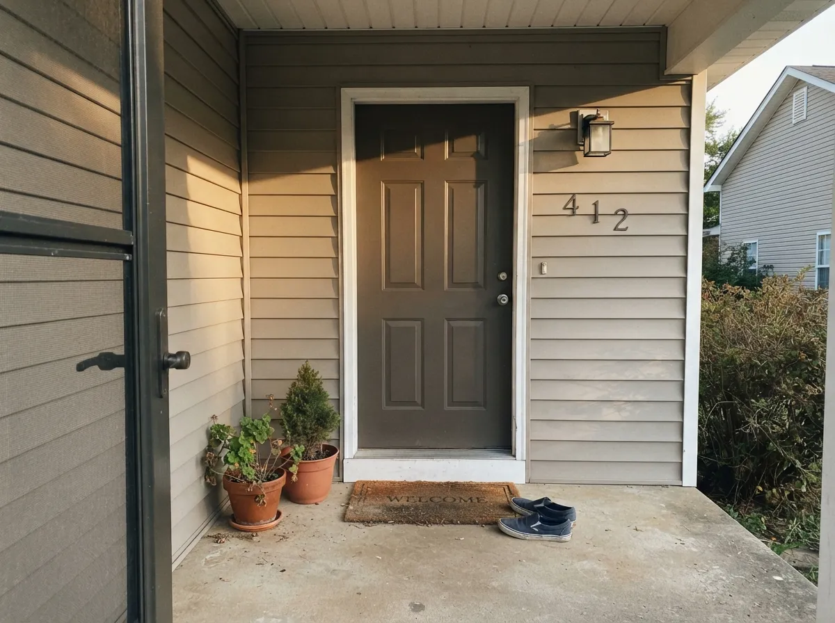 On an entry door against warm greige siding — the exterior pairing Behr markets it for.