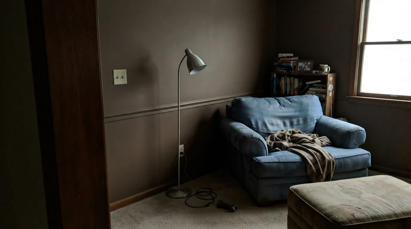 The honest shot: without real light or warm lamps, LRV 17 goes flat and muddy — sample big before committing a whole wall.
