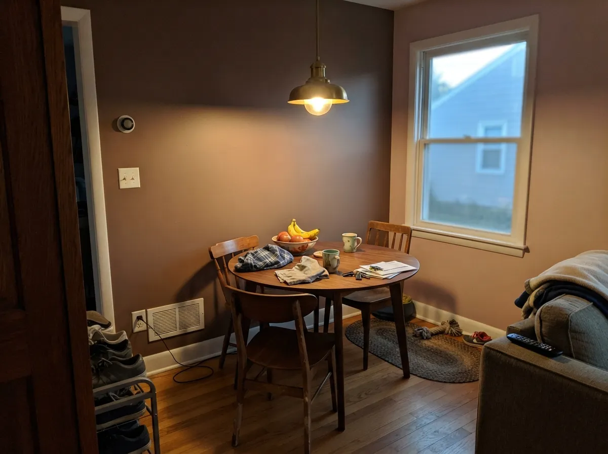 With brass and walnut in warm evening light it reads expensive and deliberate — this color's best room.
