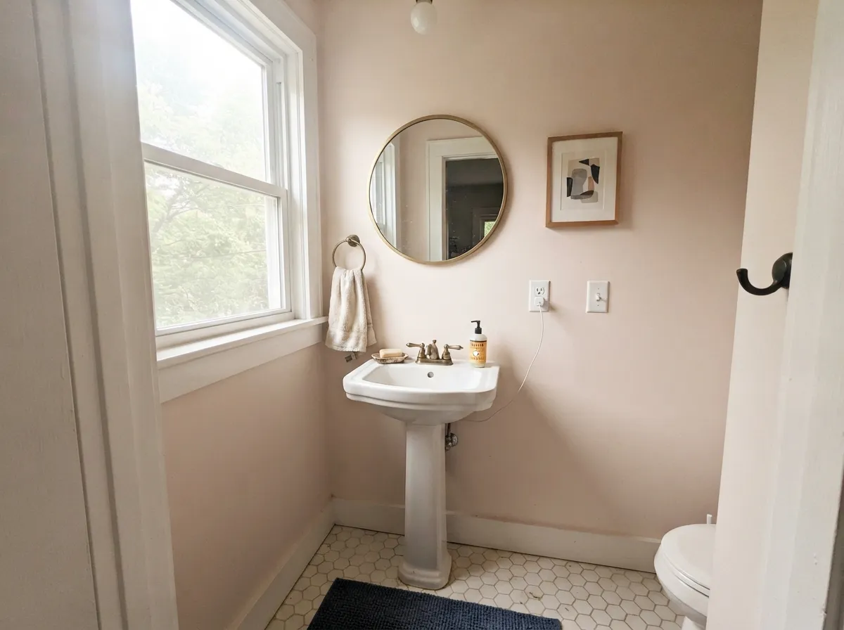 In a small, bright bath the rosy warmth reads as a deliberate near-white choice, not a leftover-can white.