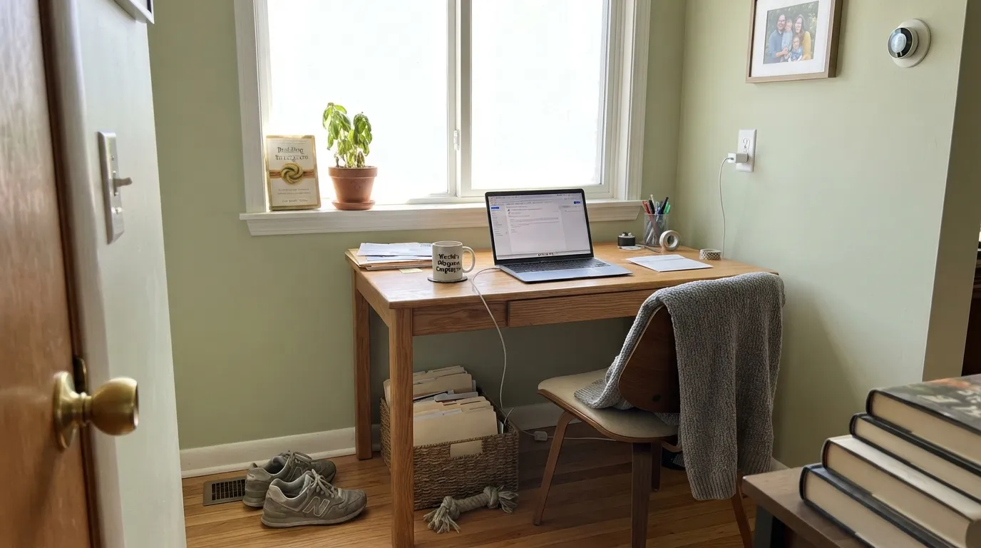 Morning Zen in the light it needs — a sunny home office where the pale sage reads calm and settled, never mint, never muddy.