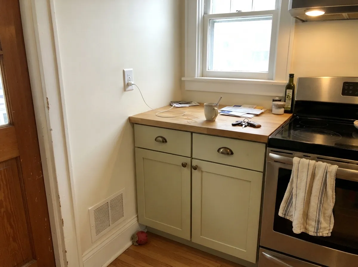 On cabinets with warm oak and brass, the sage's yellow undertone matches the wood instead of fighting it.