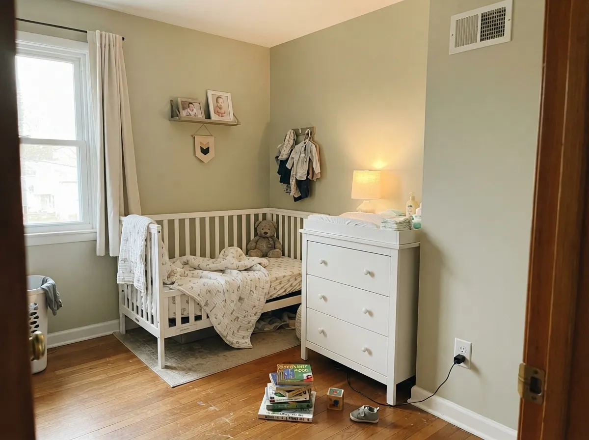 A sunny nursery corner — the quiet, unbold green this color was built for.