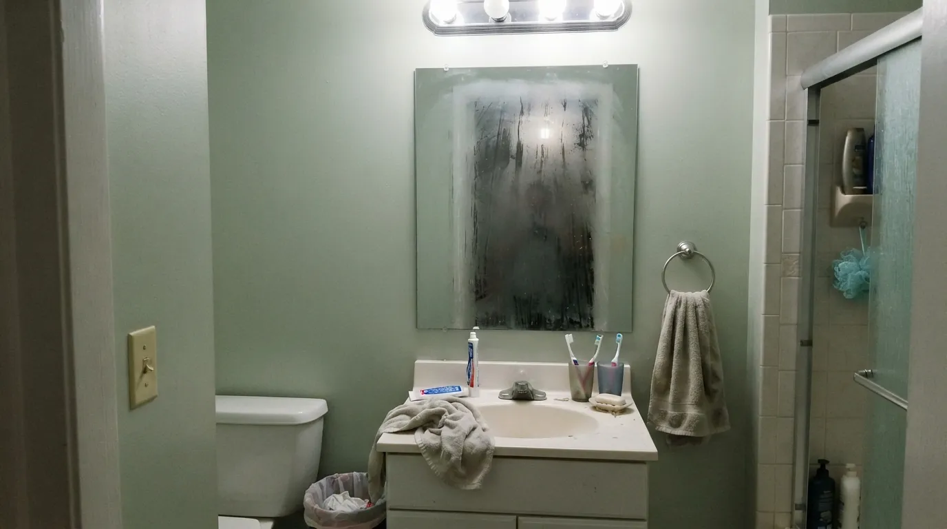 The honest shot: no daylight and cool bulbs drain the green out, leaving a flat, muddy gray-green instead of the sunny sage from the sample chip.