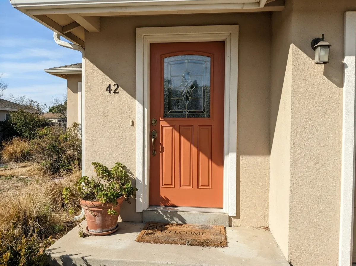 One of its most tested real uses: Behr sells this in exterior formulas built for exactly this — a warm, welcoming front door against a beige house.