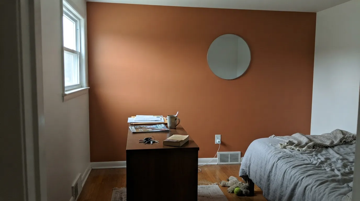 The honest shot: without direct warm light, the copper drops out and Moroccan Sky reads as a dull, muddy rust-brown — the surprise behind most of its disappointed reviews.