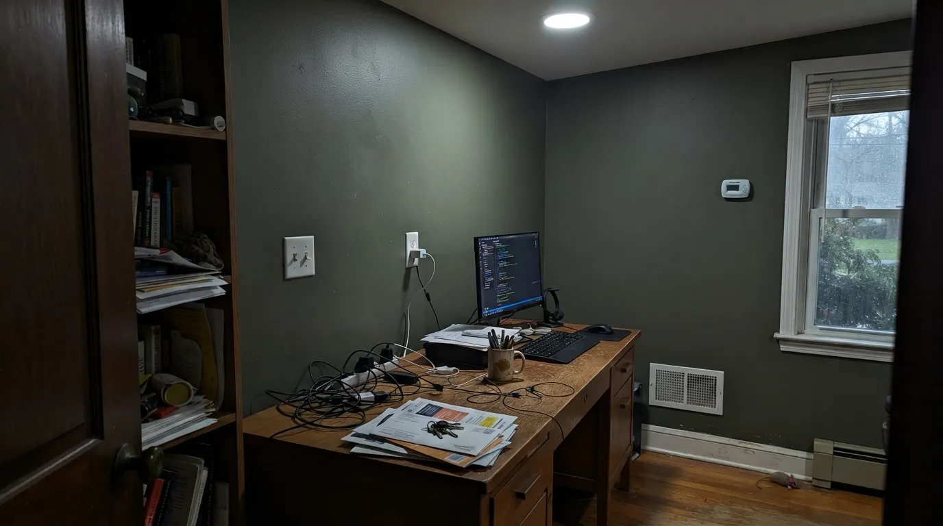 The honest shot: cool light and no daylight and Mountain Olive drops toward near-black — the exact situation behind most disappointed reviews of dark olive paints.
