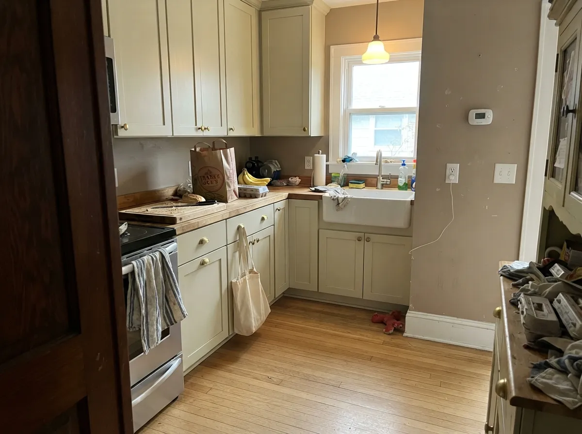On cabinets it is the cheap good look — satin Mourning Dove with brass and butcher block, hiding knuckle marks a Polar Bear door would broadcast.