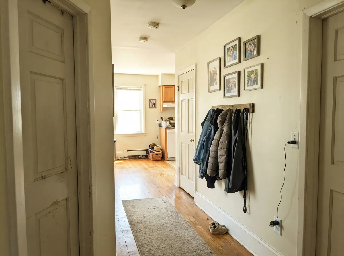 The whole-house test: hallways are where Mourning Dove earns its keep, carrying room to room without a brighter white making it look dirty.