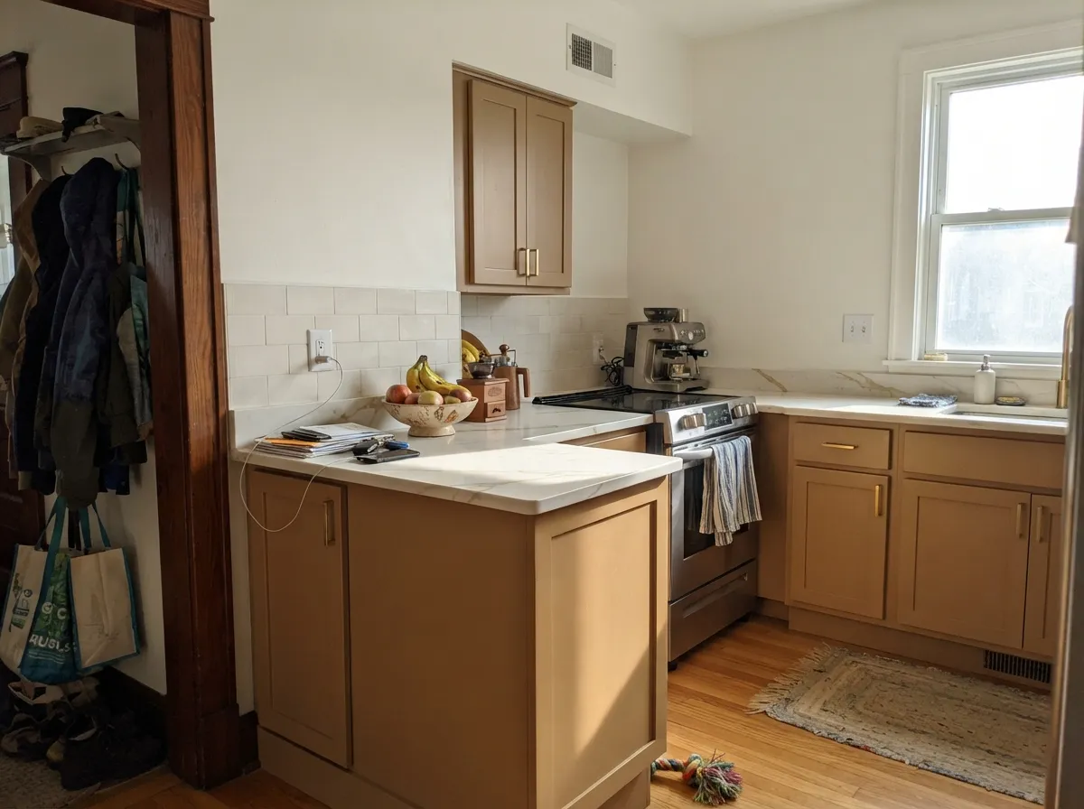 On lower cabinets against a warm white wall, Mushroom Bisque is a genuine change of pace from another gray-beige kitchen — brass and gold-veined stone are its natural company.