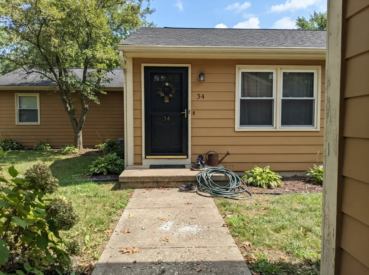 Full sun is this color's best job outdoors — a rich caramel-tan facade against a black door and warm white trim.