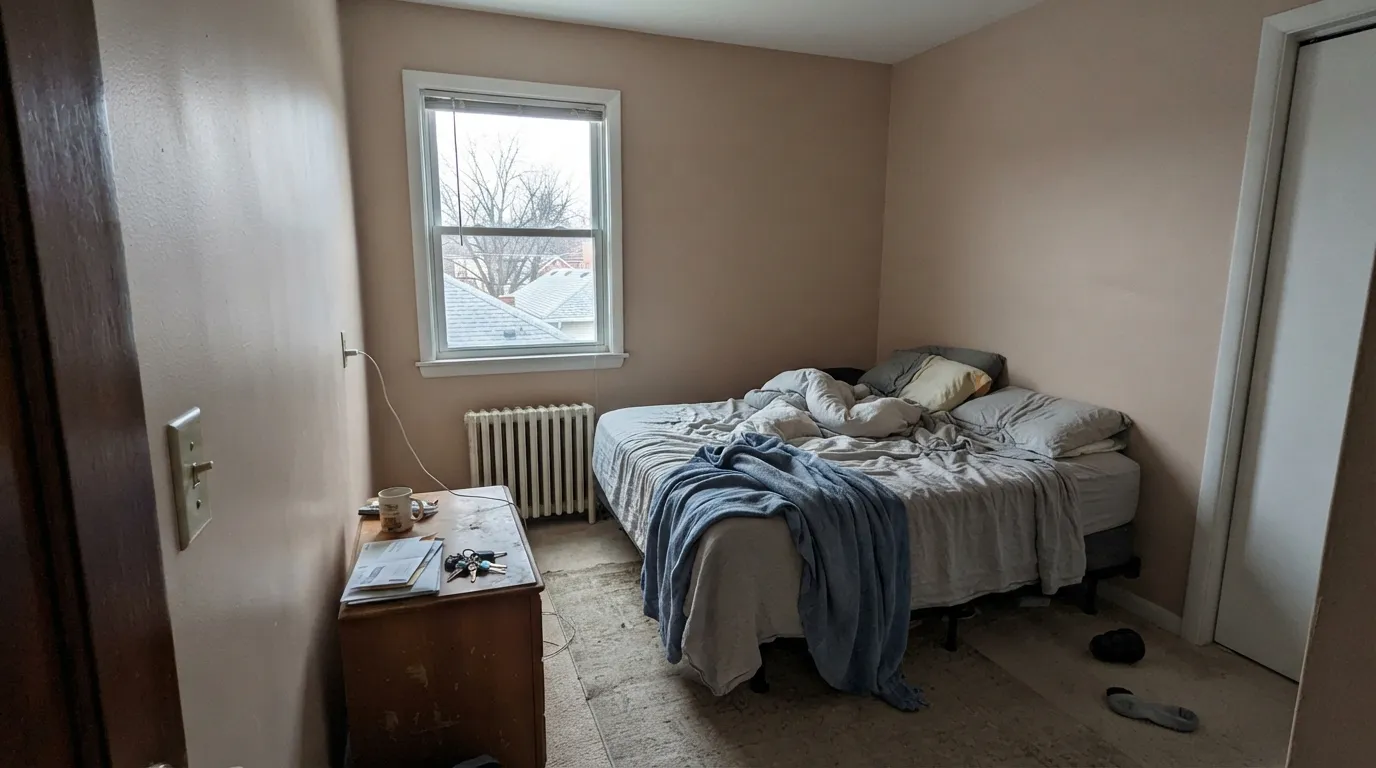 The honest shot: cold north light with no lamps on, and the warm tan drops its gold act entirely — this is the dusty, pinkish read behind most of the color's hesitation.