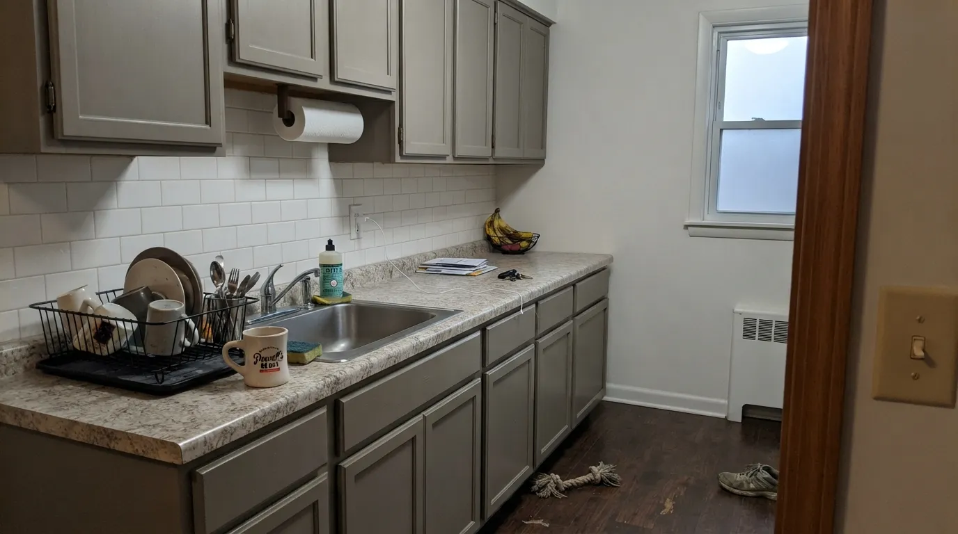 The honest shot: under cool LEDs with no daylight the green drains out and the cabinets read plain gray-brown — the exact complaint behind most "looks nothing like the sample" reviews.