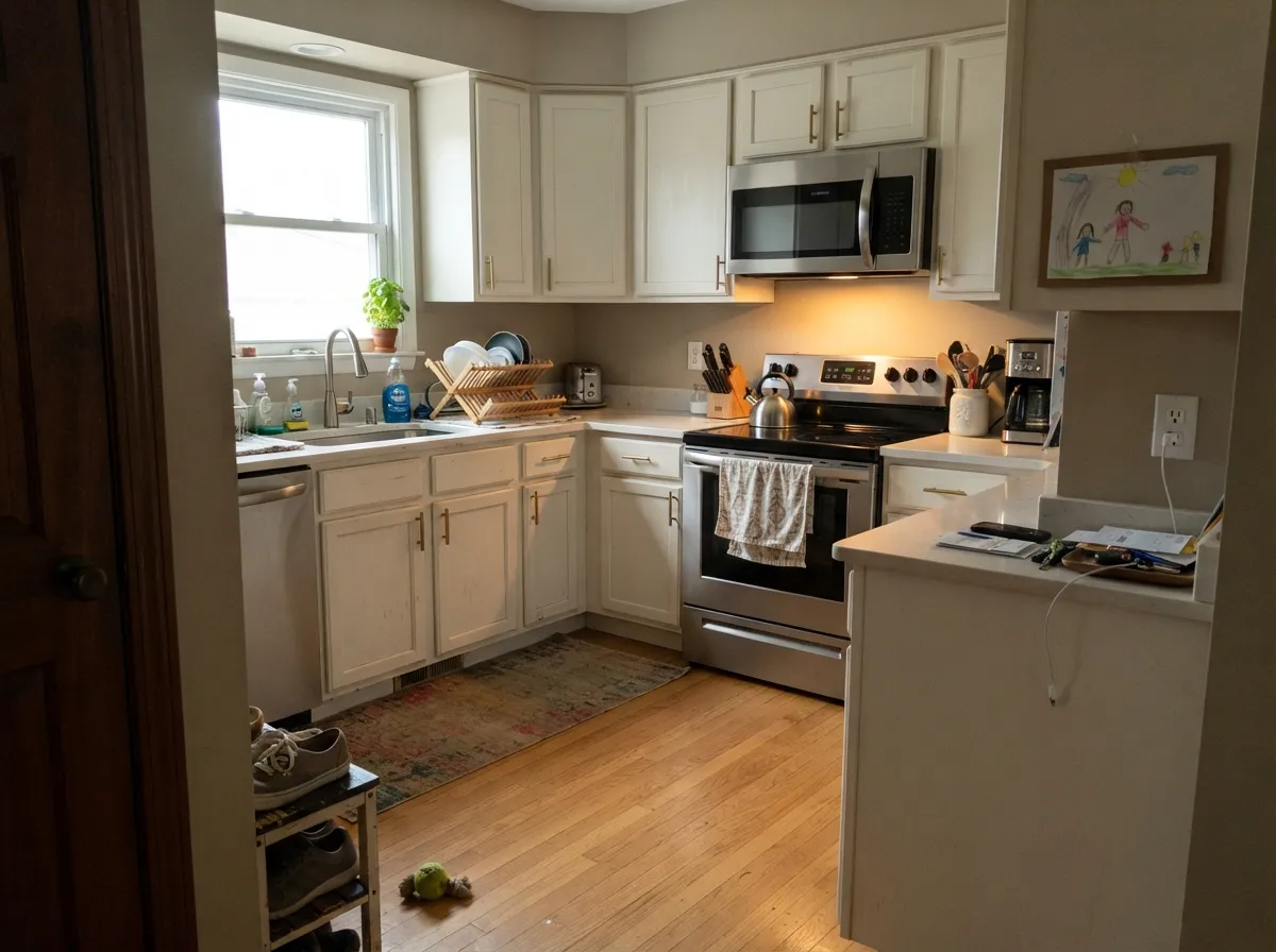 Its strongest use: Nano White cabinets in the same satin enamel Behr sells for trim — calm and warm-neutral against greige walls and brass.