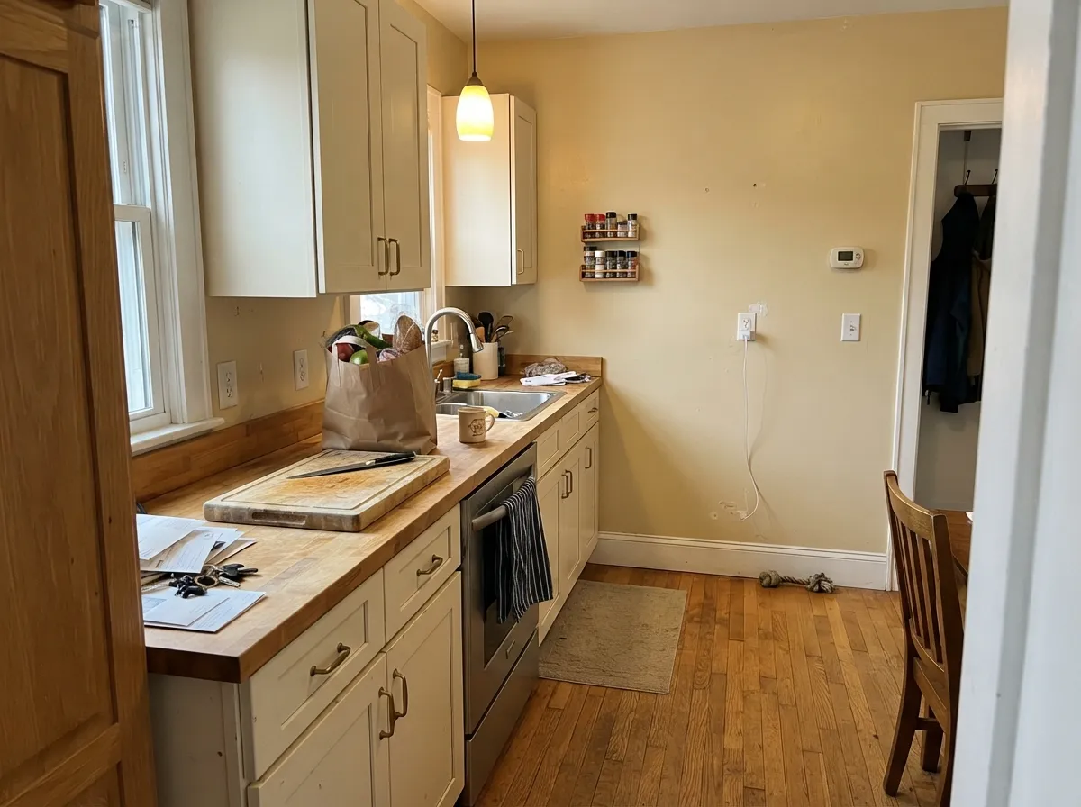 With butcher block, brass and cream cabinets the yellow-tan stays quiet — this is the warm-counter kitchen the color was specified for.