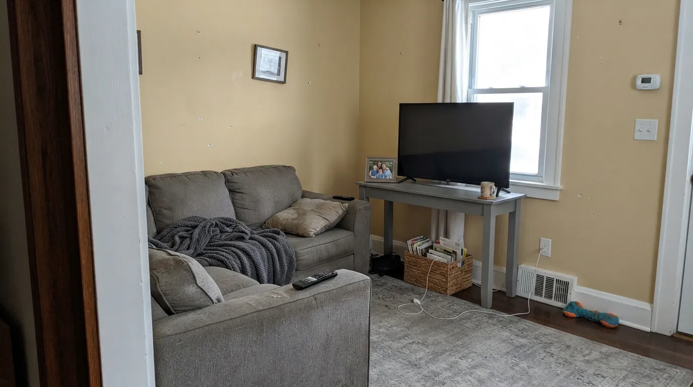 The honest shot: searched a quiet beige, got yellow-tan — on four walls next to Polar Bear trim and gray furniture, Natural Almond is almond, not the greige the chip promised.
