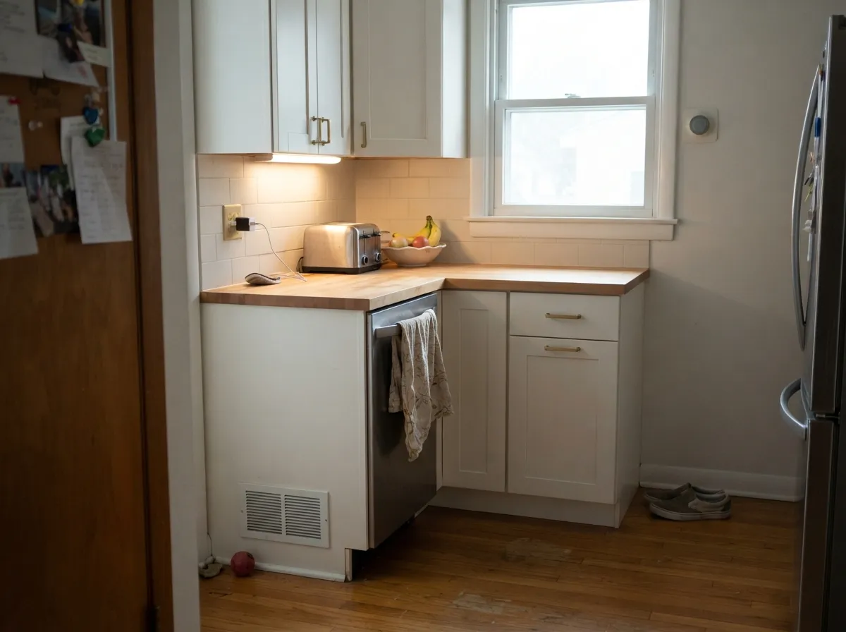 On cabinets it still reads as white, not cream — the Home Depot answer to Simply White when the stone and wood are warm.